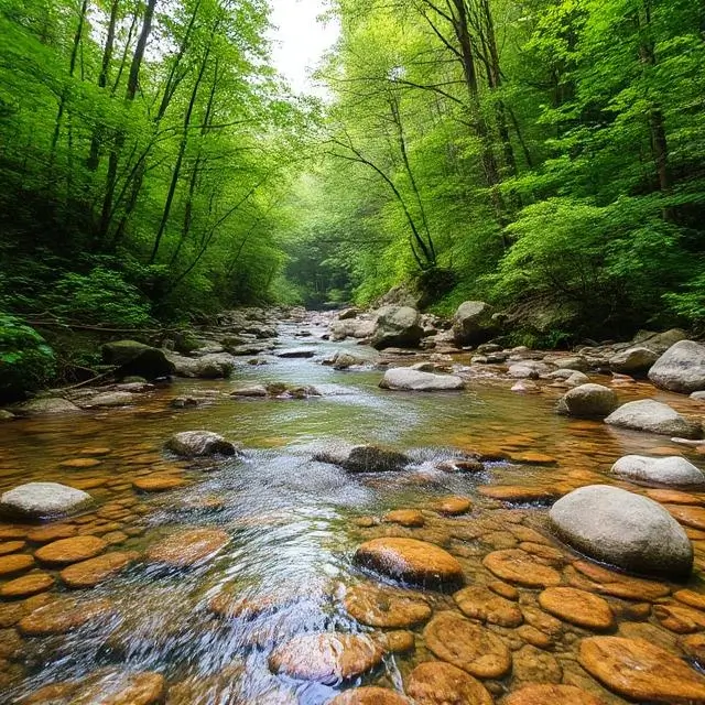 A clear stream flowing over smooth stones in a lush forest.