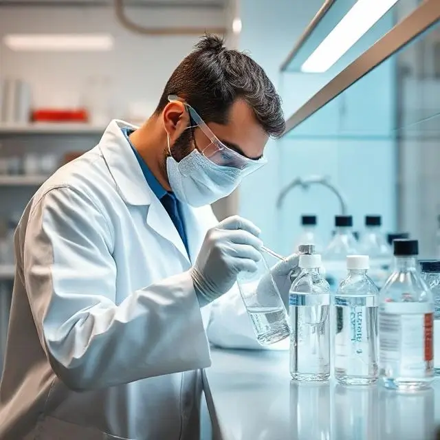 Scientist in a clean laboratory conducting quality control tests on water samples.