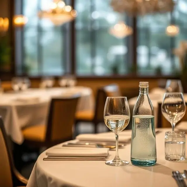 Elegant restaurant table setting with premium water.