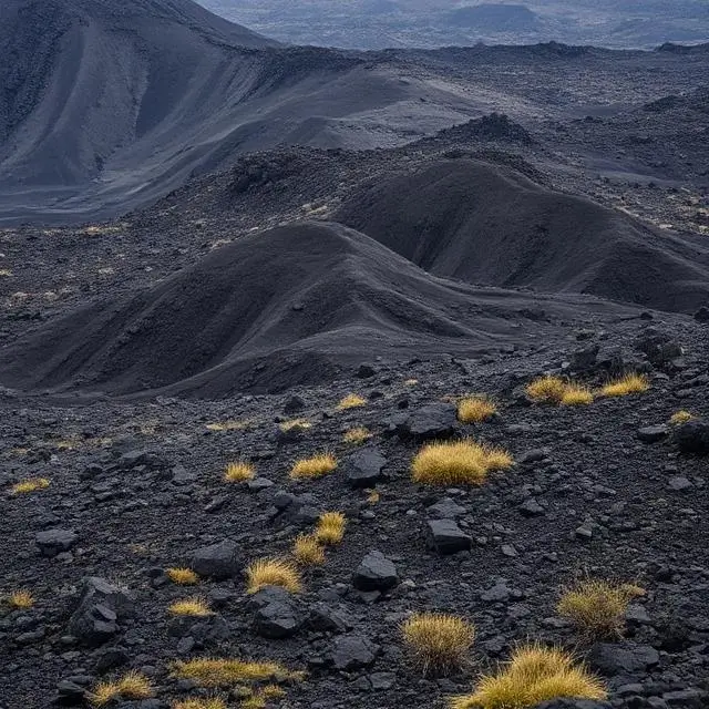 Dramatic volcanic landscape with dark rocks and sparse vegetation.
