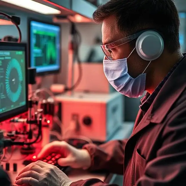 A detailed view of a lab technician monitoring complex equipment.