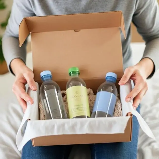 A person unpacking a subscription box with premium water bottles.