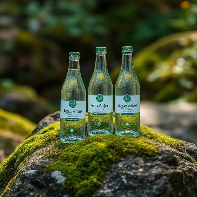 Glass bottles of AquaVitae water resting on a mossy rock in nature, highlighting sustainability.